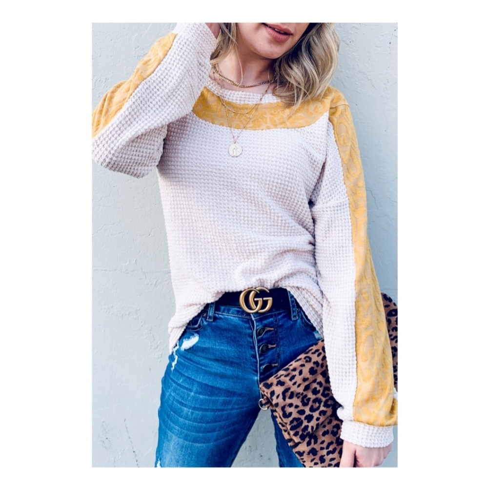 Andtheway Women's Waffle Knit Color Block Causal Top Animal Print Size M…